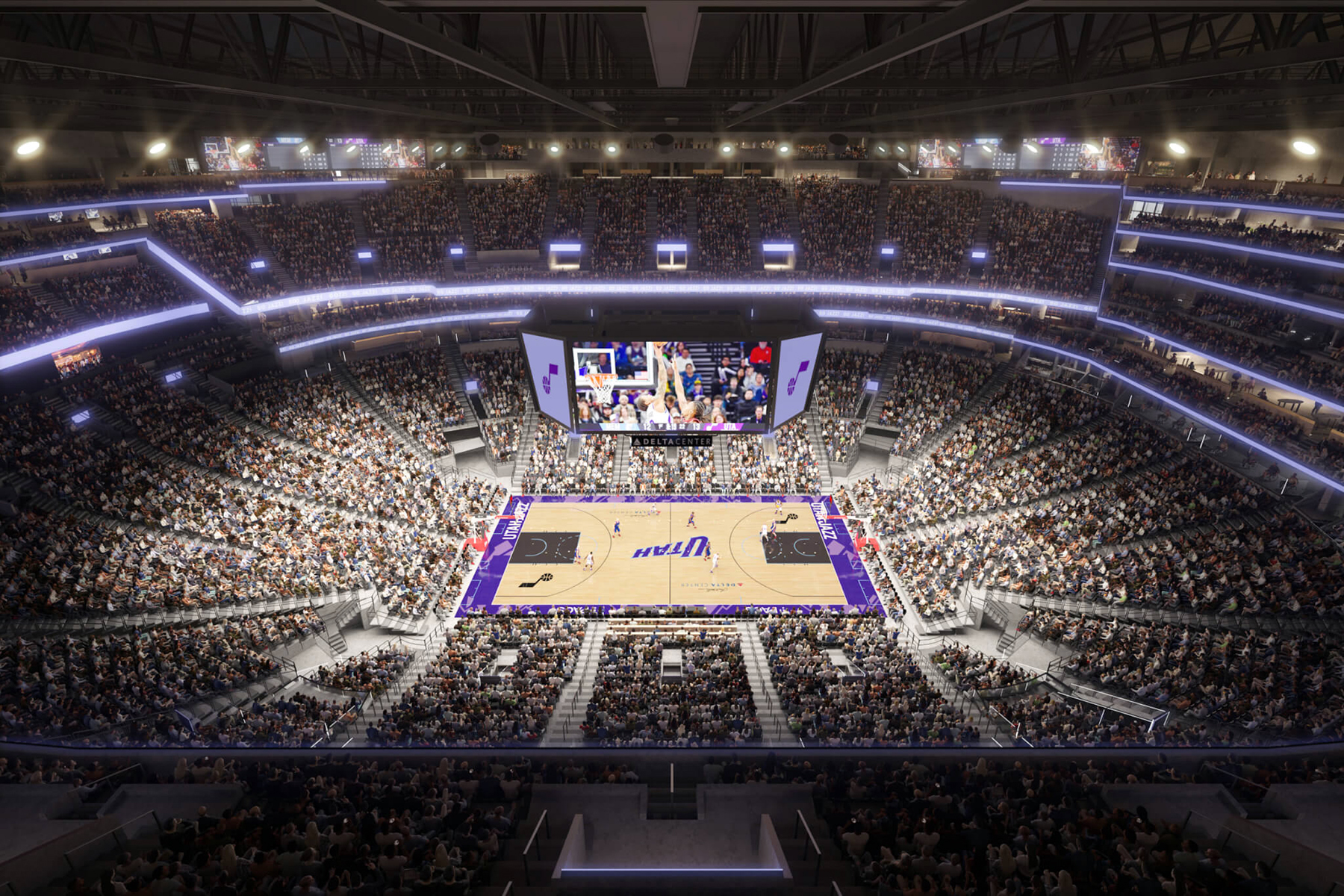 A basketball game inside the Delta Center in downtown Salt Lake City