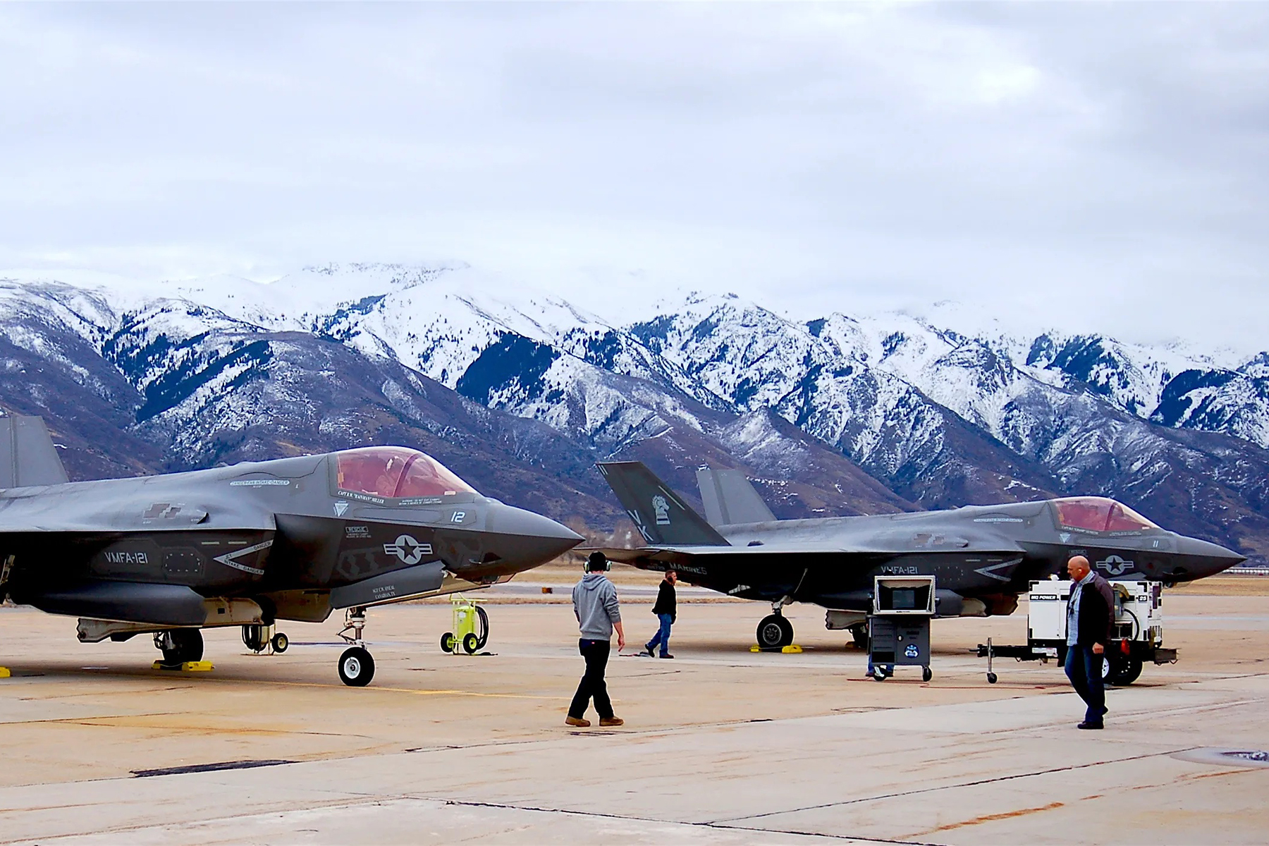 F-35 aircraft at Hill Air Force Base with the Wasatch Mountains behind them