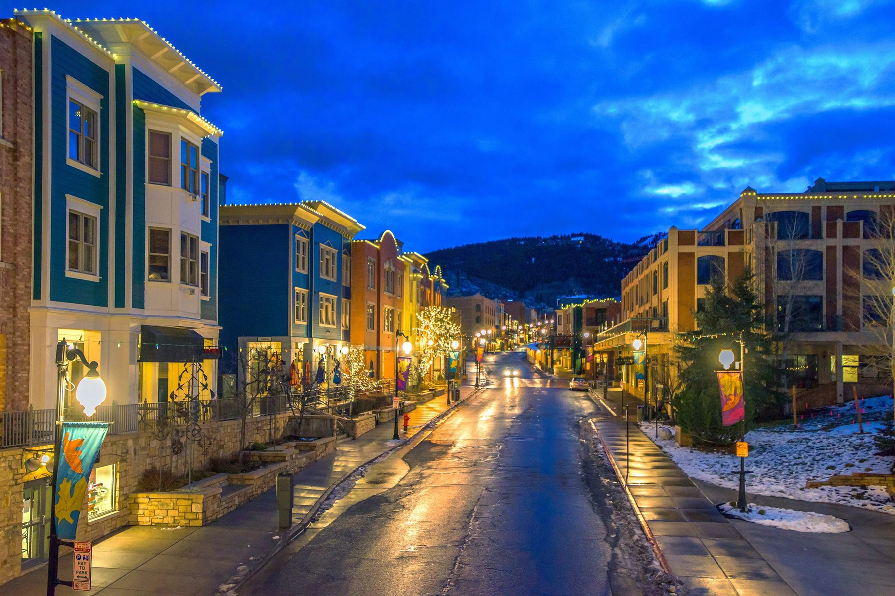 Historic Main Street in Park City at blue hour