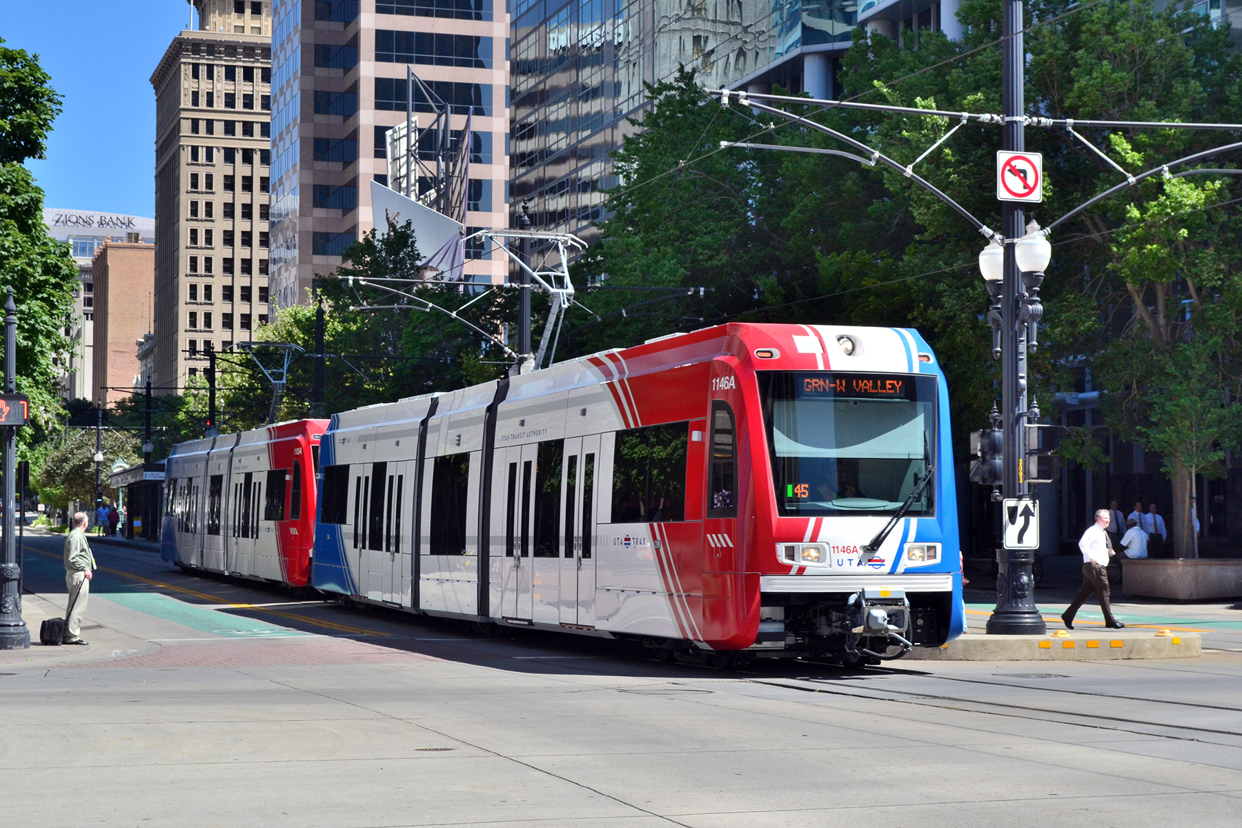 UTA TRAX light rail operating in downtown Salt Lake City