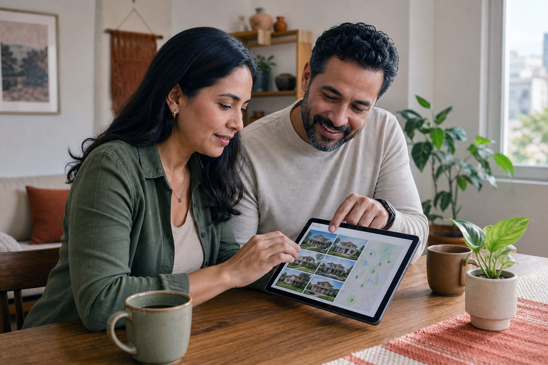 Home buyers reviewing available homes and a neighborhood map on a tablet