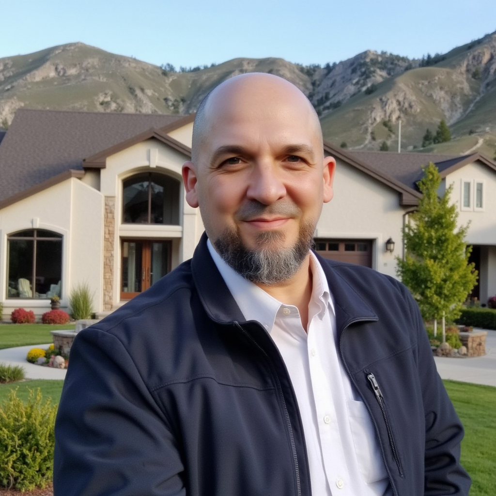 Micah Roquiero in front of a Utah home with mountains behind him