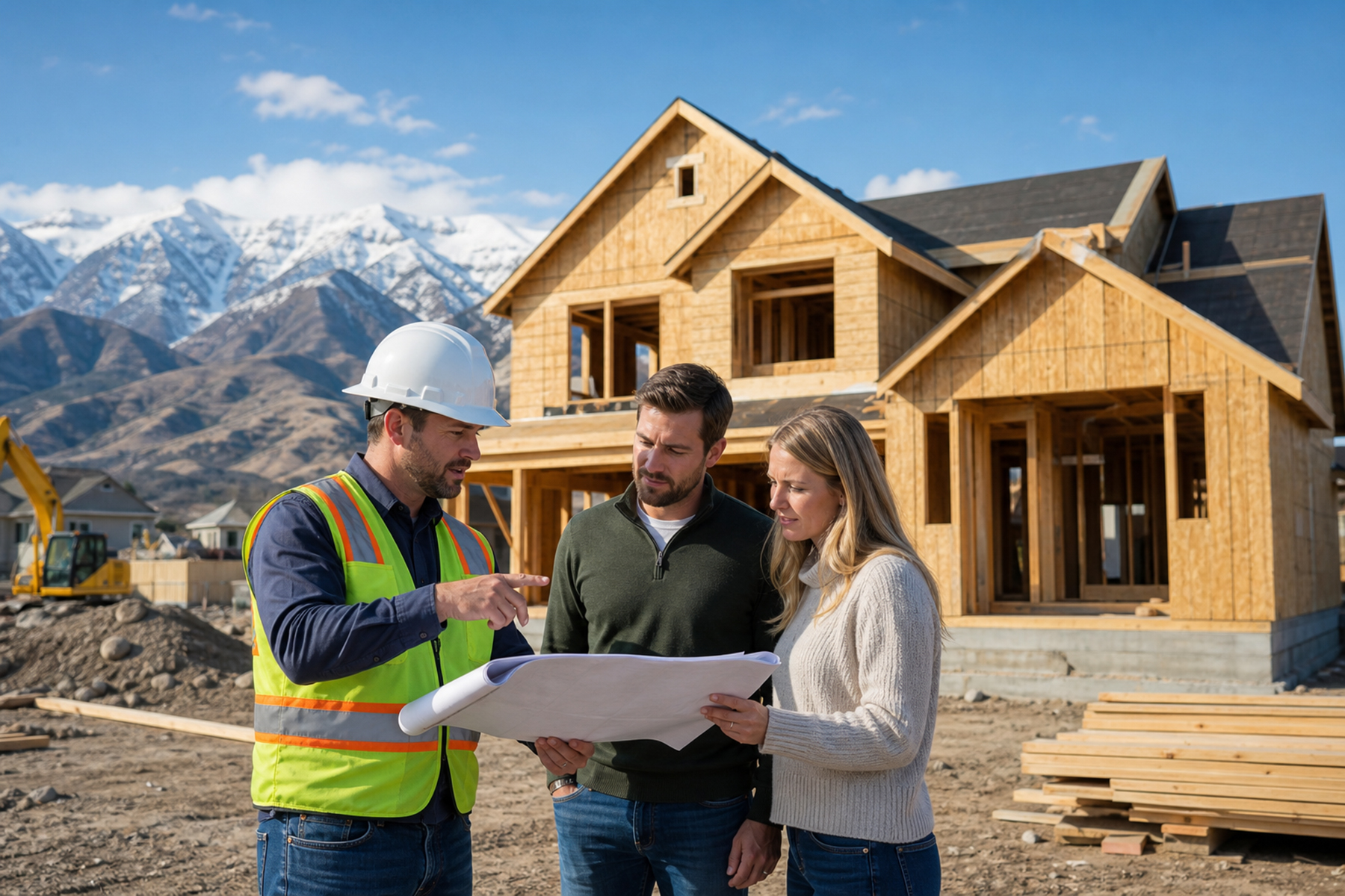Homebuyers reviewing construction plans with a builder representative in Utah