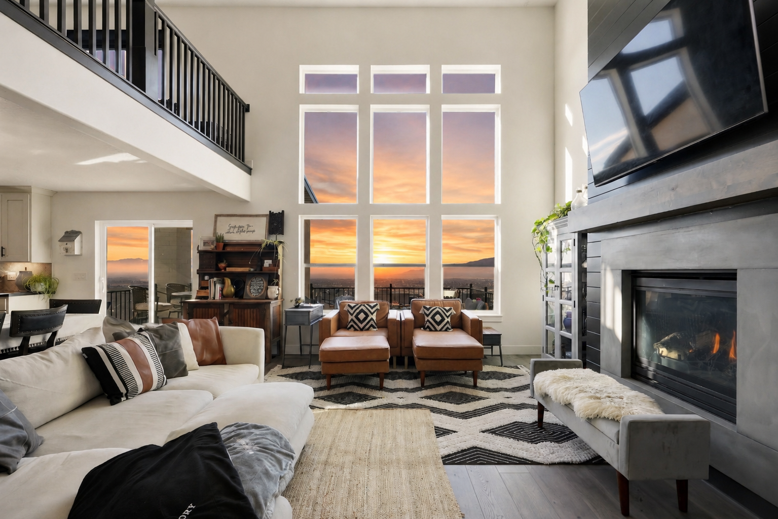 Bright Utah great room with architecture, mountain views, and sunset light